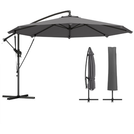 Parasol déporté rectangulaire 300x200 cm pour terrasse, double cordes de fixation, housse incluse, manivelle, gris anthracite