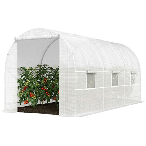 Serre tunnel de jardin 9m², serre tunnel avec porte + 6 fenêtres, bâche PE 140 g/m² 445x200x200 cm blanc