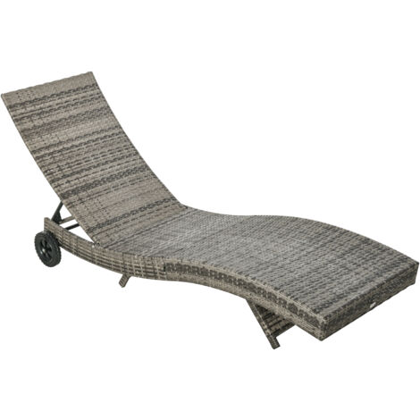 Outsunny Transat inclinable 5 positions, bain de soleil résine tressée grise, matelas amovible inclus, roues pivotantes
