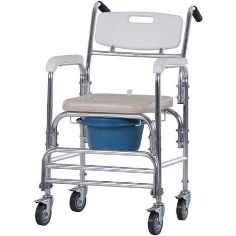 HOMCOM Chaise percée roulante douche - fauteuil WC mobile avec seau amovible, accoudoirs, repose-pieds - acier chromé HDPE blanc