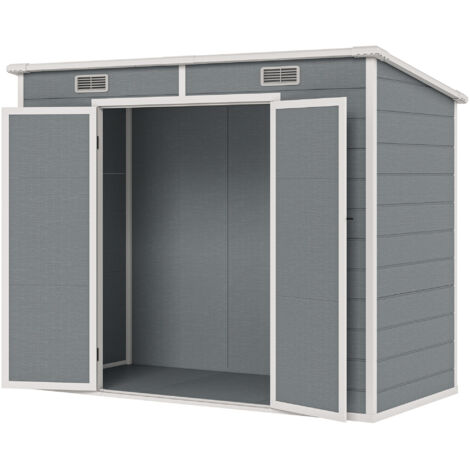 Abri jardin résine 2,4x1,3m gris avec plancher, fenêtre, portes verrouillables et aérations