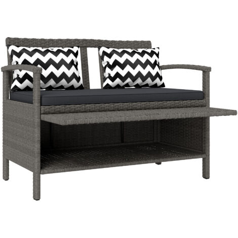 Banc de jardin 2 places avec coffre de rangement 160L en rotin PE gris 112x62x82 cm coussin et 2 coussins inclus