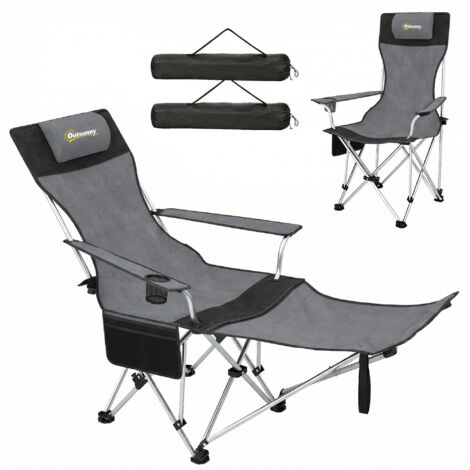 Lot de 2 fauteuils de camping pliants inclinables avec repose-pieds, housse de transport, porte-verre et appui-tête, gris