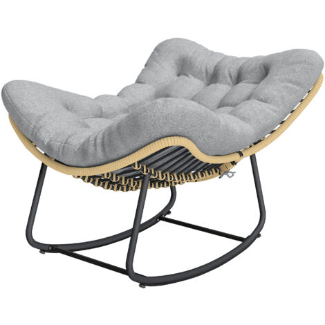Fauteuil à bascule jardin intérieur extérieur, rocking chair rotin synthétique avec coussin, gris