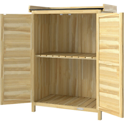 Armoire de jardin extérieure rangement bois, plan métal galvanisé, 71,5x39x95cm, naturel