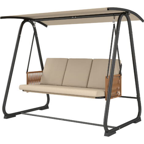 Balancelle Jardin 3 places suspendue, structure acier robuste 360kg, coussin confort 7cm sable