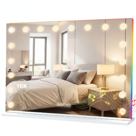 Miroir maquillage Hollywood 18 LED, 3 températures de lumière, RGB, enceinte Bluetooth, blanc