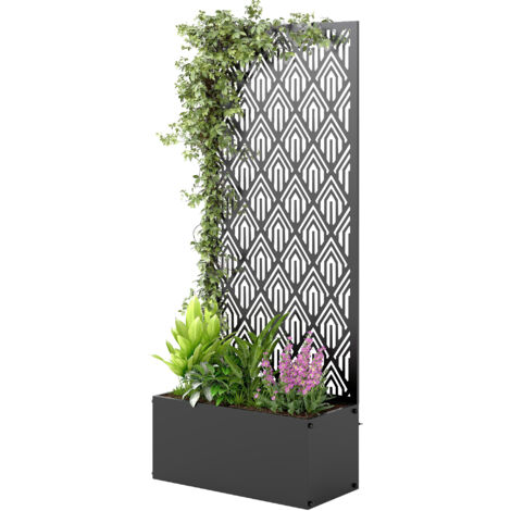 Jardinière avec treillis métallique noir 45x21,5x110 cm, bac à fleurs brise-vue pour plantes grimpantes