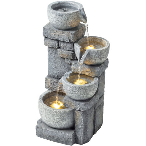 Fontaine jardin 4 niveaux cascade LED grise pierre brique 28x25x54,5 cm
