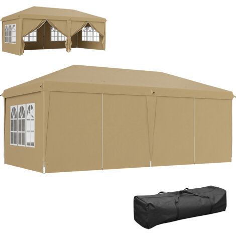 Tonnelle pliante pop-up imperméabilisée 6x3x2,7 m avec 4 parois latérales amovibles, 4 fenêtres, sac de transport, kaki