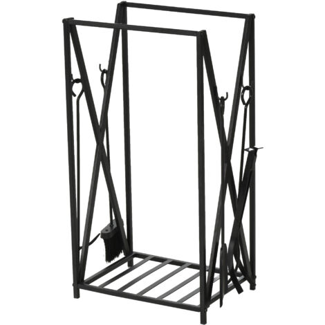 Étagère à bois d'intérieur et d'extérieur en acier 4 outils, porte-bûches pour cheminée avec tisonnier, pelle, balayette et pince, 46x30x76cm, Noir (1/5)