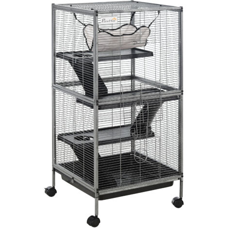 Cage pour Petits Rongeurs en Acier, Habitat pour Cochons d'Inde et Chinchillas avec 3 Niveaux, 4 Roulettes, Hamac et Bac Amovible, 52 x 52 x 113.5 cm, Gris Argenté (1/5)