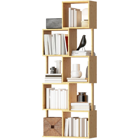 Étagère Moderne Asymétrique 5 Niveaux en Bambou, 62.5 x 23 x 165 cm, Teinte Bois Naturel (1/5)