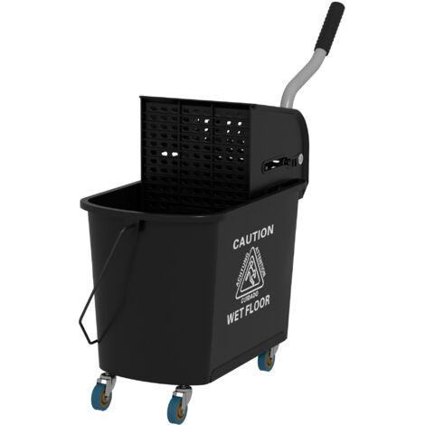 Seau de Nettoyage Professionnel 20L avec Seau à Serpillière, Chariot de Lavage de Sol avec Essoreuse, Panneau de Séparation, Poignée et 4 Roues en Plastique, 60x27x70.5 cm, Noir (1/5)