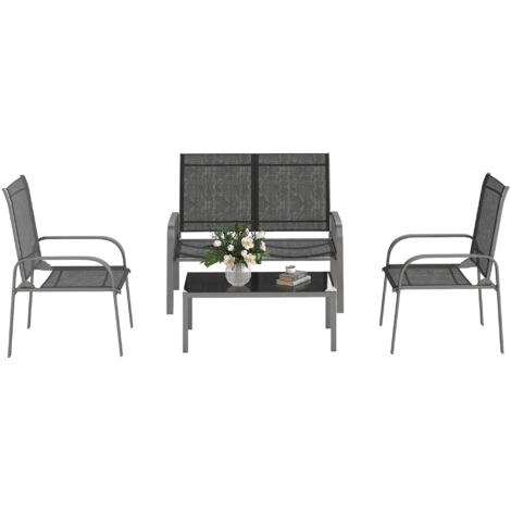 Lot de Jardin 4 Pièces avec Table Basse, 2 Chaises et Canapé à Dossier Réglable, en Acier et Textilène Noir (1/5)
