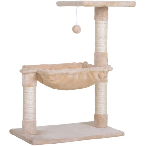 Tour pour Chat max 3,6kg avec Hamac et Balle Suspendue, en Bois et Peluche, 50x36x70 cm, Beige (1/5)
