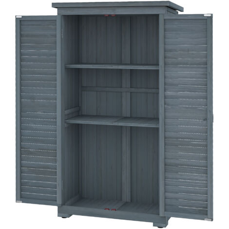 Armoire d'extérieur en bois gris, 87x46,5x160 cm, 2 portes persiennes, étagères intérieures (1/5)
