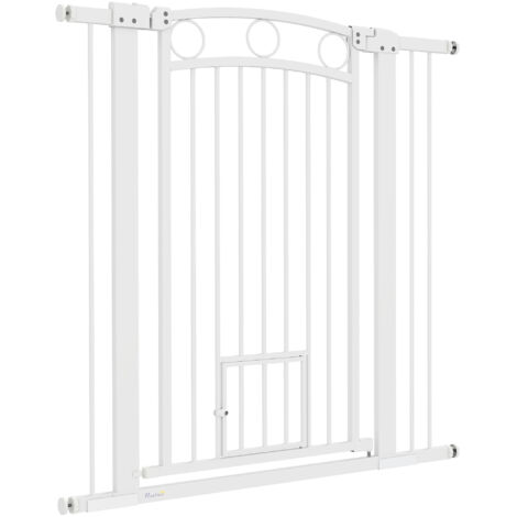 Barrière pour Chien Réglable 76-104 cm, Portillon Hauteur 106 cm avec 2 Rallonges, Blanc (1/5)