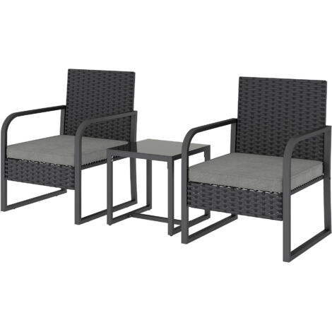 Salon de Jardin en Rotin avec 2 Fauteuils d'Extérieur et Table Basse à Plateau en Verre, Noir (1/5)