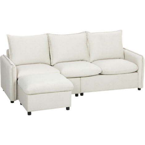 Canapé d'Angle 3 Places Modulable en Tissu Simili Cuir Respirant avec Pouf Rangement, Coussins, Crème (1/5)
