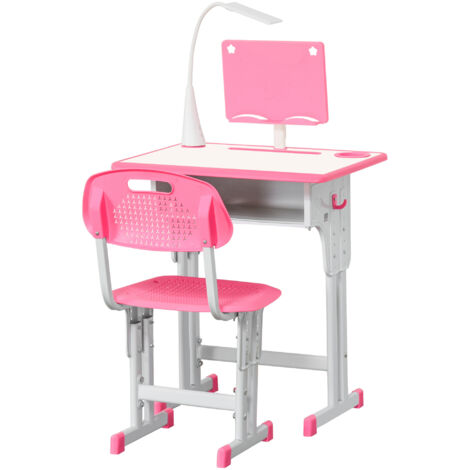 Set bureau et chaise enfant 6-12 ans réglables en hauteur, pupitre avec lampe, tiroir, crochet, pot à crayons et pupitre, ensemble table et chaise enfant en acier et MDF, rose (1/5)