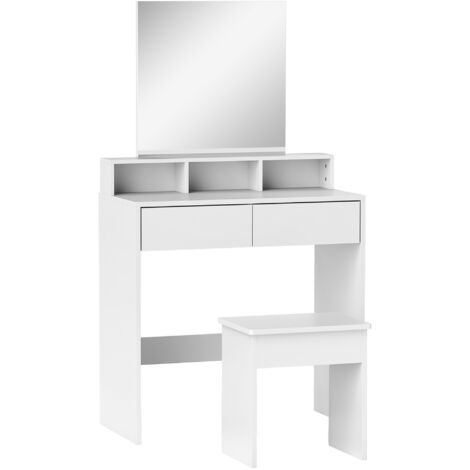 Table de maquillage blanche avec miroir, 3 étagères, 2 tiroirs et tabouret, en bois, 75x38x135 cm (1/5)
