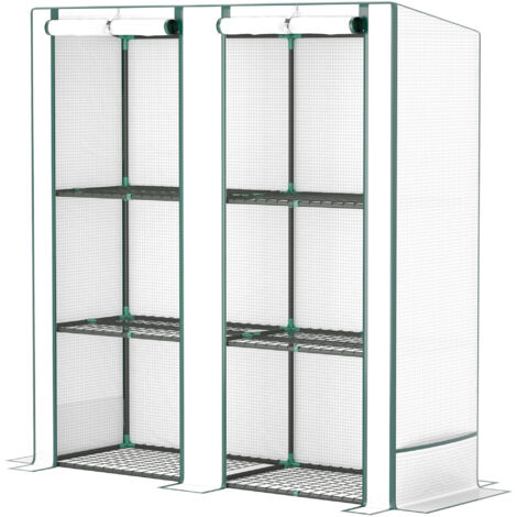 Serre de jardin avec 2 portes enroulables, étagère à 3 niveaux et poches latérales, blanc et vert (1/5)