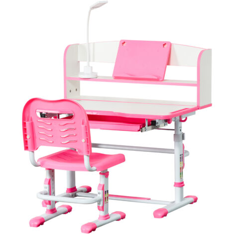 Bureau enfant 6-12 ans réglable avec lampe LED, pupitre et pot à crayons, en MDF, PP et acier, rose (1/5)