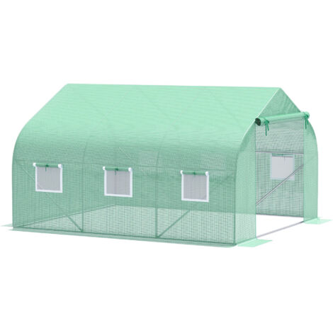 Serre tunnel de jardin 3.5x3x2 m, vert, avec porte enroulable, 6 fenêtres et toit incliné, en PE pour plantes potagères (1/5)