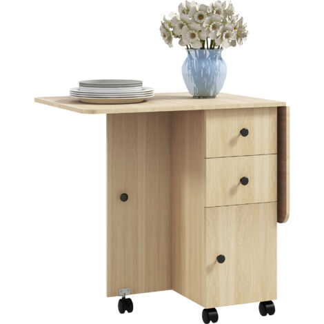 Table Pliant 2 Tiroirs et Armoire, 6 Roulettes avec Freins, 120x60x76.5 cm, Bois (1/5)
