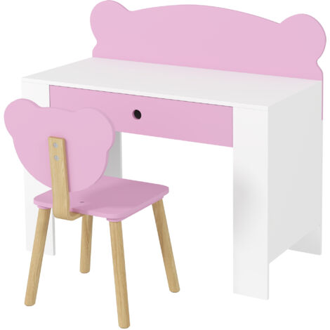 Ensemble bureau enfant avec tiroir et chaise dossier ours, 3-8 ans, rose (1/5)