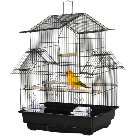 Cage à oiseaux avec poignée de transport et plateau amovible, métal et plastique, 50,5x41x63 cm, noir (1/5)