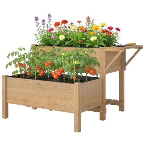 Lit surélevé de jardin à 2 niveaux avec étagères en bois, 119.5x102x76.5cm, Brun (1/5)