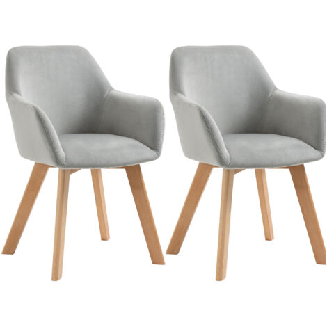 Lot de 2 Fauteuils de Salle à Manger en Velours Rembourré avec Accoudoirs et Pieds en Bois, Gris (1/5)