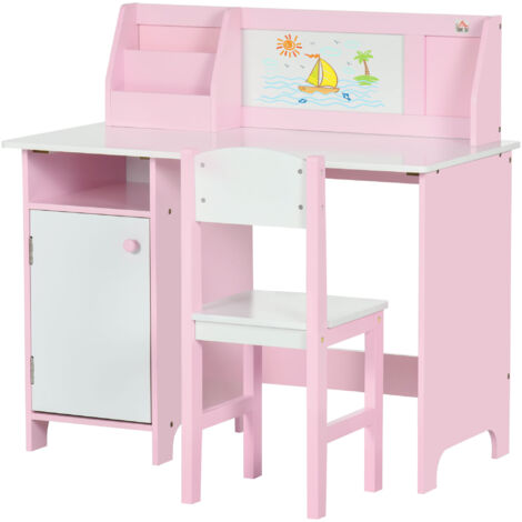 Table et chaise enfant 5+ ans en bois blanc et rose avec pupitre scolaire (1/5)