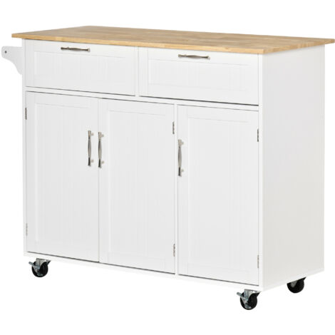 Chariot de Cuisine en Bois Blanc avec 2 Tiroirs, 3 Portes et 4 Roulettes 121x46x91cm (1/5)