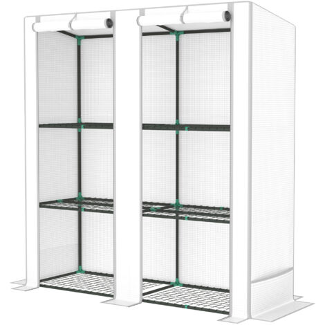 Serre de jardin avec 2 portes enroulables, étagère à 3 niveaux et poches latérales, blanc et gris (1/5)
