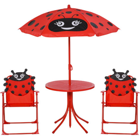 Set de Jardin Enfant 4 Pièces : 2 Chaises Pliantes, Parasol et Table Ronde, Mobilier Extérieur en Acier et Tissu Oxford Rouge