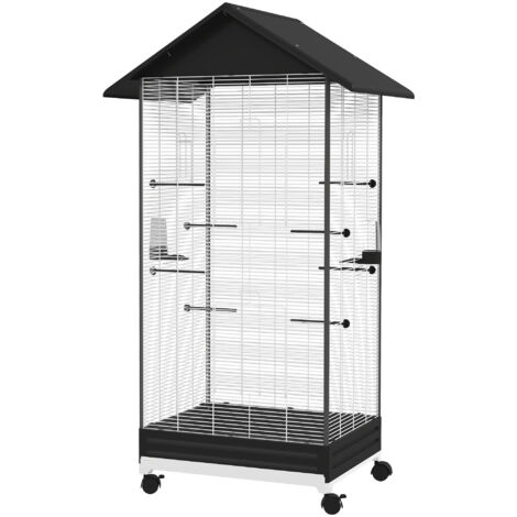 Cage à oiseaux sur roulettes avec bac extractible, volière haute 155 cm avec perchoirs et mangeoires, noire (1/5)