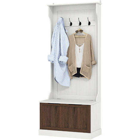 Appendiabiti 3-en-1 avec 4 crochets et banc-coffre, bois blanc, 71,5x39,5x170 cm (1/5)