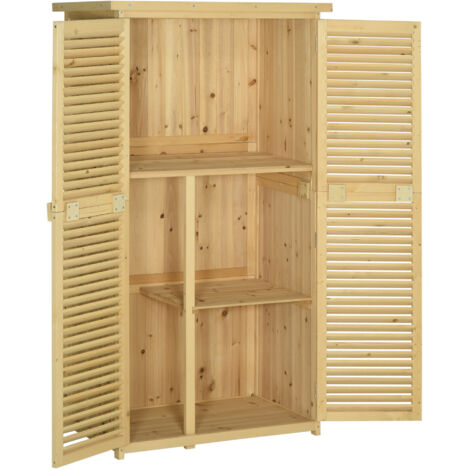 Armoire de jardin en bois de sapin et pin, 4 compartiments, casier à outils extérieur avec toit imperméable, 87x46.5x160cm, teinte bois naturel (1/5)