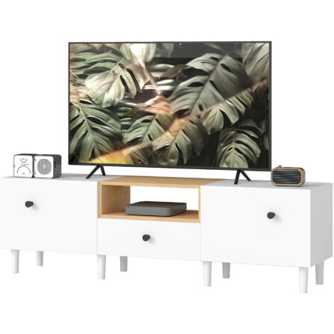Meuble TV 70" max avec 2 portes, tiroir et étagère ouverte, en bois, 150x35x45 cm, Blanc et bois naturel (1/5)