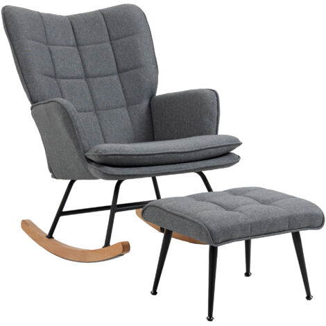 Fauteuil à bascule avec pouf en tissu effet lin et bois, coussin, accoudoirs, capacité 130 kg, gris (1/5)