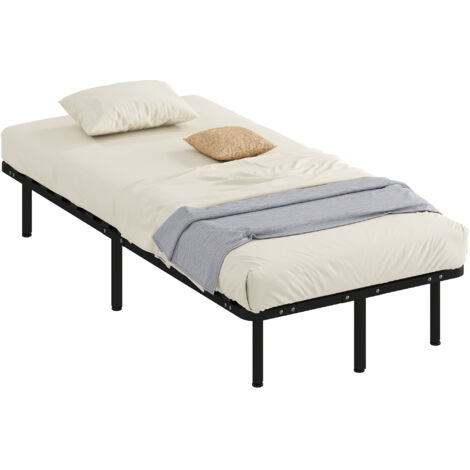 Lit industriel 28 lattes avec espace de rangement, bois et acier, 190x90x31 cm, noir et bois (1/5)