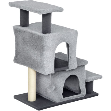 Étagère pour chat à 4 marches réglable en hauteur avec 2 niches, poteau à griffer et balle, gris (1/5)