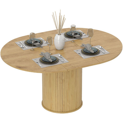 Table extensible pour 6-8 personnes, de ronde à ovale, avec piètement central, en bois et acier, teinte bois (1/5)