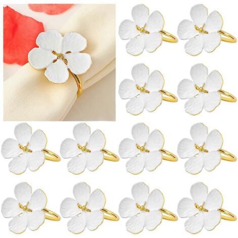 Ronds de serviette fleuris, lot de 12 - Métal blanc et doré à motifs floraux (1/5)