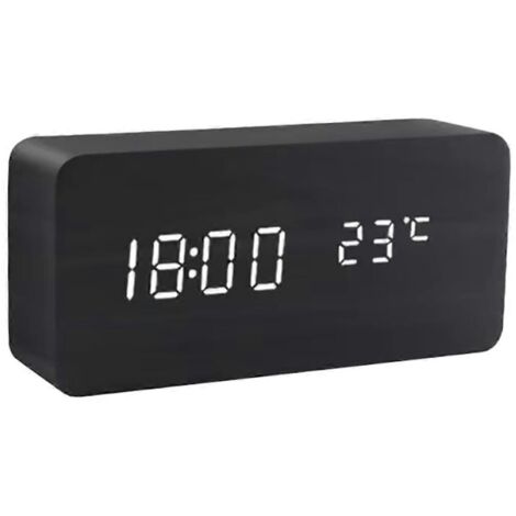 Horloge numérique en bois noir avec affichage LED et température (1/5)