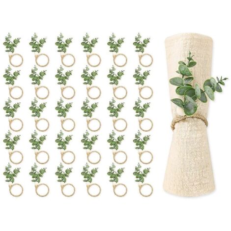 Ronds de serviette rustiques en perles de bois et feuilles d'eucalyptus, style ferme (voir photo) (1/5)