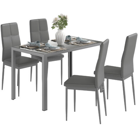 Set de salle à manger 5 pièces avec 1 table et 4 chaises modernes en similicuir, métal et verre trempé, gris (1/5)